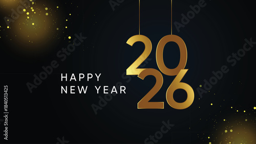 Happy new year 2026 in a golden gradient text design