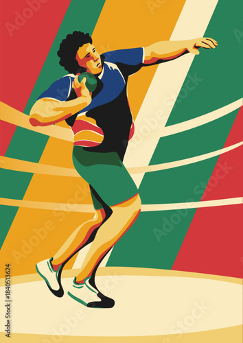 A shot putter is standing in position and is ready to throw. Vector illustration. Suitable for a banner, poster, and postcard.