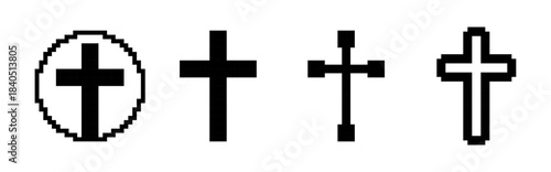Various cross designs with pixelated and clean line variations, symbolizing Easter traditions and religious motifs.