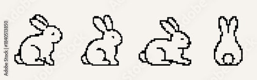 A set of pixelated rabbit icons in various positions, symbolizing the fun and playful nature of Easter and spring.