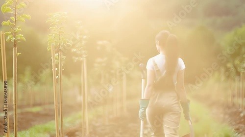 Woman gardener walking in orchard with gardening tools