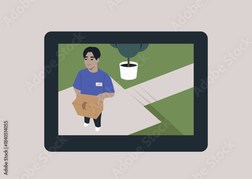 A digital doorbell camera showing a courier in a colorful shirt holds a cardboard box as they approach a home, The scene captures a moment of delivery, showcasing the convenience of modern technology