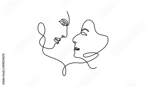 Two Faces in Profile Embracing in Continuous Line Art