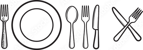 Black Outline Drawing of Tableware and Plate on White Background fork spoon