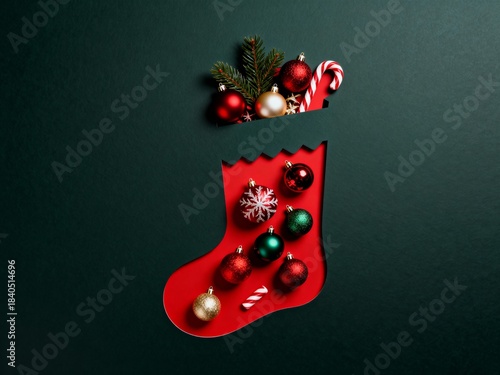 A creative Christmas stocking cutout filled with ornaments and candies on a bright red backdrop, embodying holiday spirit and festive cheer