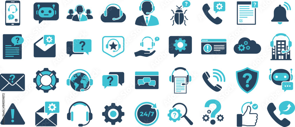 Fototapeta premium Customer Service, Support, and Tech Help Icon Set Highlighting Headsets, Chatbots, Phone Calls, Bug Issue Reporting, Cloud Support, Notification Bell, and Thumbs Up Feedback.