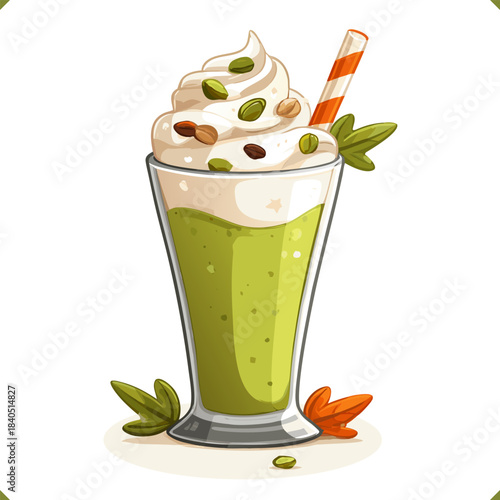 Vector illustration of a pistachio milkshake with whipped cream, nuts, striped straw, isolated on a white background. Vector illustration of pistachio beverage on white background