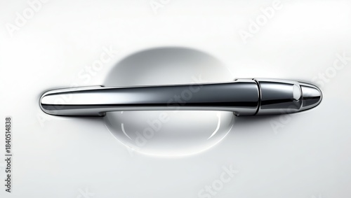 Sleek chrome car door handle set against a pristine white automotive body panel in a high detail close up shot