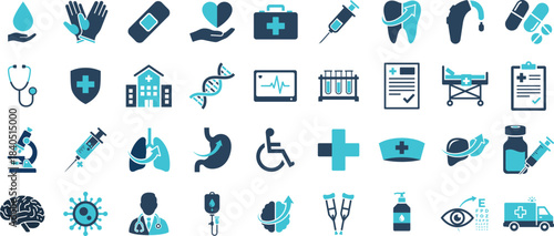 Medical & Healthcare Icon set, Diagnosis, Treatment, Anatomy, and Patient Care Symbols