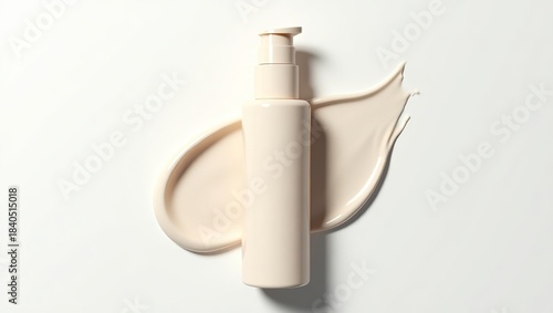 Minimalist cosmetic product pump bottle centered over a smooth elegant beige foundation or lotion smear on white background