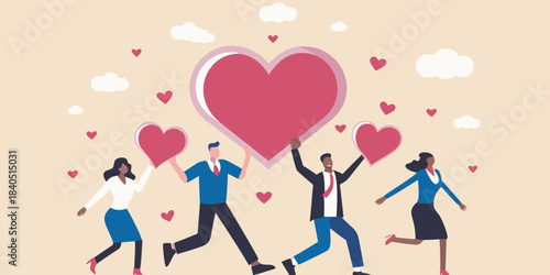 People celebrating love and connection with hearts in a cheerful illustration