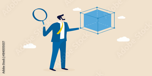 A businessman examines a translucent geometric cube with a magnifying glass