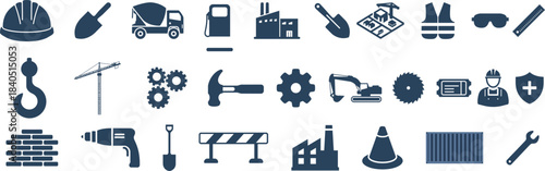 Construction & Industrial Icon set, Hard Hat, Crane, Tools, Safety Gear, and Factory Symbols