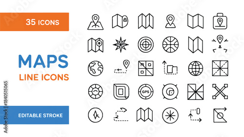 Collection of 35 Line Icons Representing Maps and Navigation Concepts, Ideal for Digital and Print Applications