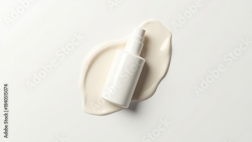 Minimalist white cosmetic pump bottle resting on a smooth luxurious swirl of creamy beige skincare product against a bright background