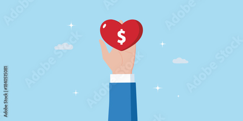 A hand offering a red heart with a dollar sign inside
