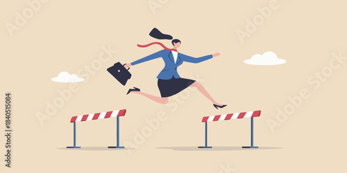 Businesswoman leaping over obstacles symbolizing overcoming challenges and achieving success