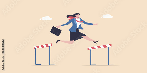 Businesswoman overcomes obstacles with determination leaping over hurdles in a cheerful scene