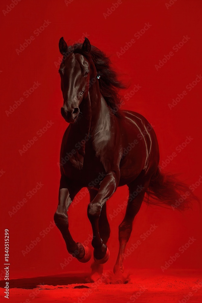 Fototapeta premium Powerful black stallion running through dramatic red backdrop 