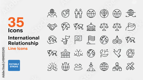 Extensive Vector Line Art Icon Set for Global International Relationships, Diplomacy, and World Connectivity in a Minimalist Editable Style