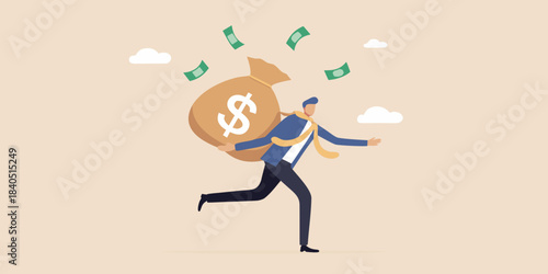 A businessman is running with a bag of money wealth falling around him