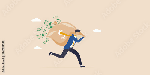 A businessman running with a large bag overflowing with money and cash