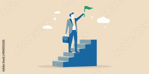 A businessman reaches the top of stairs raising a flag in victory