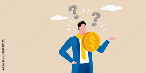 A man with a coin face contemplates questions and financial uncertainty