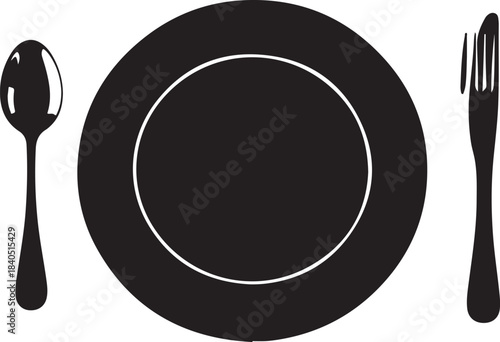 Black silhouette of a plate spoon and knife on white background cutlery eating