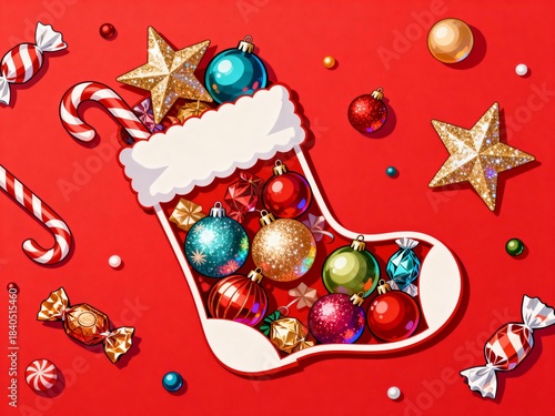 A creative Christmas stocking cutout filled with ornaments and candies on a bright red backdrop, embodying holiday spirit and festive cheer