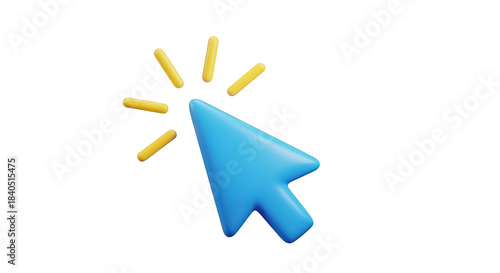 Blue cursor arrow with yellow radiating lines isolated on a transparent background click pointer