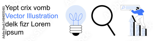 Innovation, research, marketing, analytics, data growth, creativity. Lightbulb, magnifying glass person with a graph. Innovation and research concepts with elements creativity and data analysis