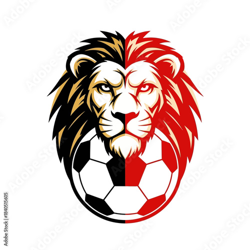 Lion head with soccer ball emblem on, symbolizing strength and sportsmanship