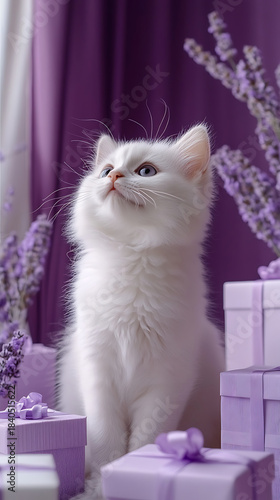 White fluffy kitten with blue eyes gazing upward, seated among lavender blooms and pastel purple gift boxes, evoking innocence, charm and a sweet celebratory mood