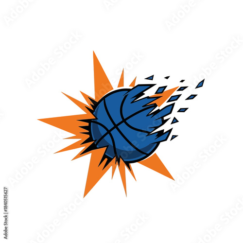 Blue basketball exploding with dynamic orange and blue motion effect on