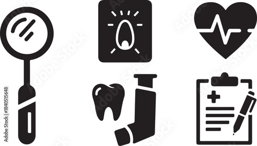 Medical and health care icons including tooth magnifying glass ecg and clipboard