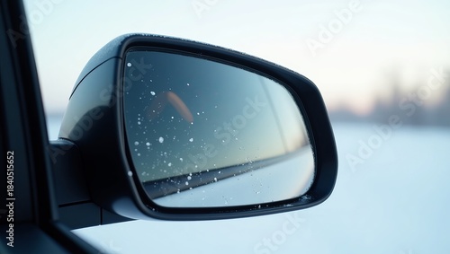 Close up of a frosted car side mirror reflecting a soft winter landscape during a cold early morning drive