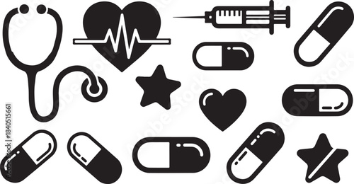Medical icons and symbols including stethoscope and pills