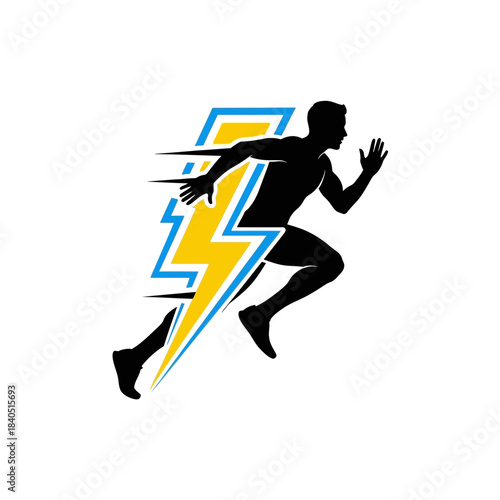 Silhouette of a man running with a yellow lightning bolt behind him