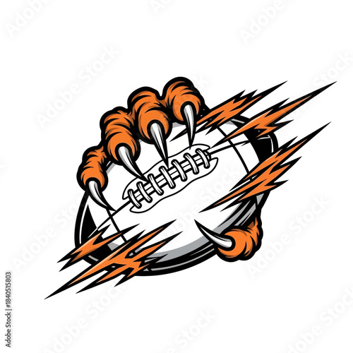 American football being gripped by a hand with orange lightning bolts