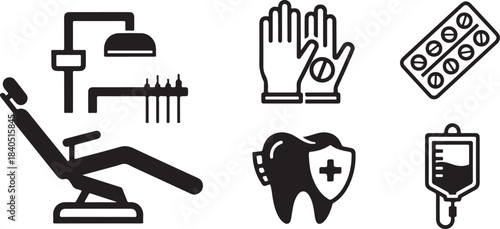 Dental care and medical treatment icons including chair gloves pills