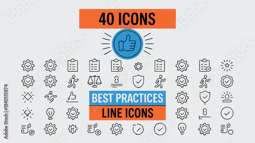 Extensive collection of modern outline vector icons, showcasing best practices, quality standards, and efficient business solutions for various applications