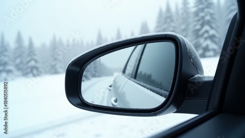 Viewing a snow covered forest road through a frosted car side mirror while driving cautiously in winter weather conditions