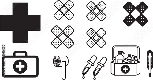 Medical symbols and first aid kit icons with bandages and tools