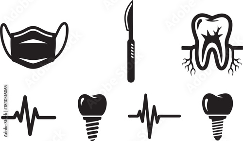 Dental care icons including mask tooth screw and ecg lines