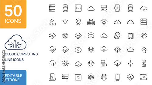 Editable stroke vector illustration 50 clean, minimalist cloud computing line icons for data, network, and technology solutions