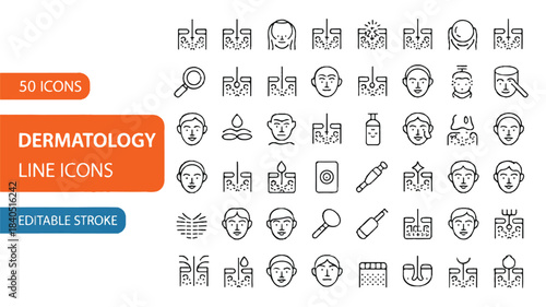 Dermatology Line Icons A Comprehensive Set of 50 Editable Stroke Illustrations for Skin Health and Medical Applications