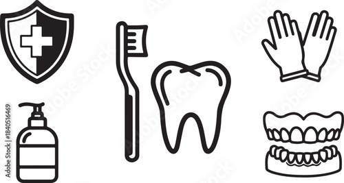 Dental hygiene and protection icons including shield toothbrush tooth gloves
