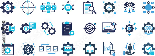 Business Operations & Strategy Icons set, Workflow, Team Collaboration, Goal Setting, and Performance Analytics Symbols