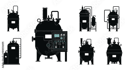 Schematic illustration of industrial pressure vessels and their control panels